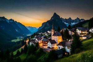 il villaggio di alpino villaggio a tramonto. ai-generato foto