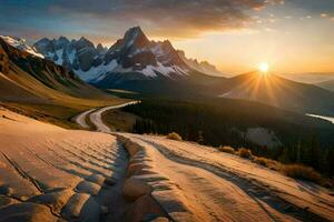 il sole sorge al di sopra di il montagne nel il sfondo. ai-generato foto