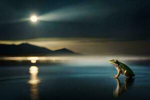 un' rana seduta su il spiaggia a notte con un' pieno Luna nel il sfondo. ai-generato foto