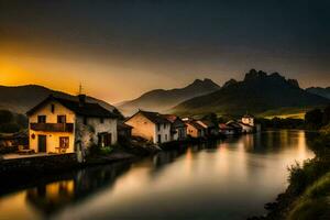 un' fiume corre attraverso un' villaggio a tramonto. ai-generato foto