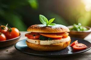 un' Sandwich con pomodori e formaggio su un' piatto. ai-generato foto