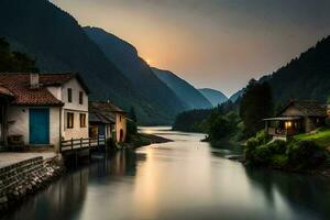 foto sfondo il cielo, montagne, acqua, fiume, Casa, montagne, Casa, il cielo. ai-generato