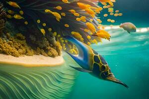 un' pesce nuoto nel il oceano con un anemone. ai-generato foto