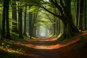 un' sentiero attraverso un' foresta con alberi e verde erba. ai-generato foto