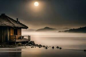 un' piccolo capanna si siede su il riva di un' lago a notte. ai-generato foto