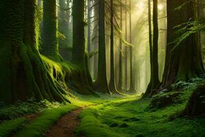 un' sentiero attraverso un' verde foresta con alberi e muschio. ai-generato foto