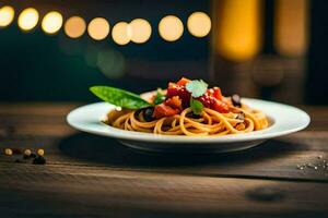 spaghetti con pomodoro salsa e basilico le foglie su un' piatto. ai-generato foto