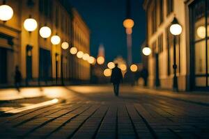 un' persona a piedi giù un' strada a notte. ai-generato foto