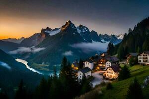 un' bellissimo montagna villaggio a tramonto. ai-generato foto