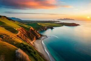 il tramonto al di sopra di il oceano e il colline. ai-generato foto