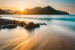 il sole sorge al di sopra di il oceano e montagne. ai-generato foto