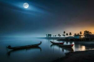 il Luna sorge al di sopra di il acqua e Barche nel il primo piano. ai-generato foto