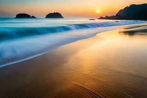 tramonto su il spiaggia, onde, oceano, onde, onde, onde, onde, onde. ai-generato foto