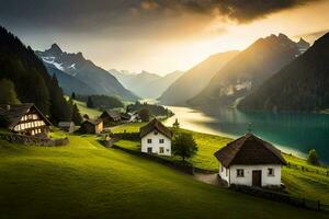 foto sfondo il cielo, montagne, lago, Casa, il sole, il montagne, il lago. ai-generato