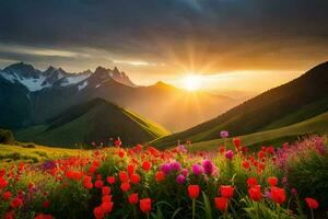 il sole sorge al di sopra di il montagne e fiori nel il primo piano. ai-generato foto