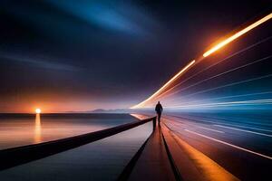 un' uomo sta su un' ponte a tramonto con lungo esposizione. ai-generato foto