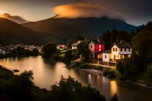 un' piccolo villaggio si siede su il banche di un' fiume a tramonto. ai-generato foto