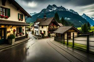 un' strada nel il montagne con montagne nel il sfondo. ai-generato foto