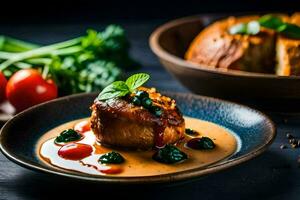 un' piatto di cibo con carne e verdure. ai-generato foto