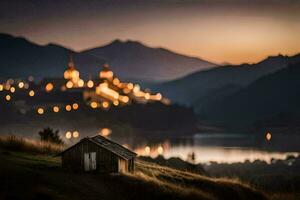 un' piccolo cabina si siede su il collina prospiciente un' lago e montagne. ai-generato foto