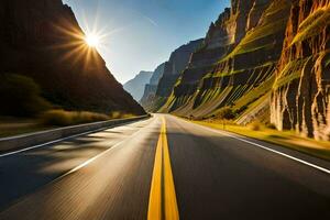 un' strada nel il montagne con il sole splendente. ai-generato foto