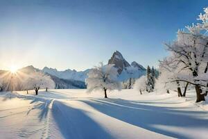 neve coperto alberi e montagne nel il sole. ai-generato foto
