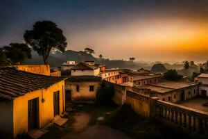 un' villaggio a tramonto con un' Visualizza di il montagne. ai-generato foto