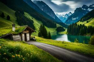 il Casa nel il montagne. ai-generato foto