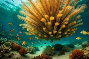 un' corallo scogliera con molti pesce e mare anemoni. ai-generato foto
