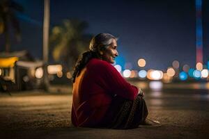 un anziano donna si siede su il terra a notte. ai-generato foto