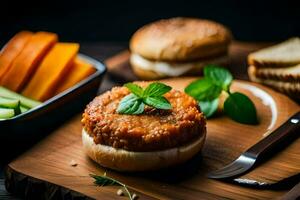 un' Sandwich con verdure e pane su un' di legno taglio tavola. ai-generato foto