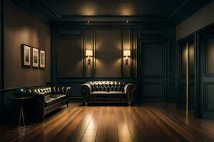 un' buio camera con Due pelle divani e un' di legno pavimento. ai-generato foto