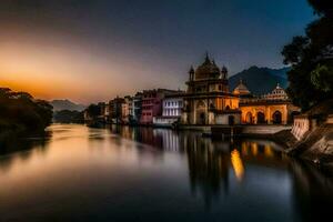 il tramonto al di sopra di il fiume nel India. ai-generato foto