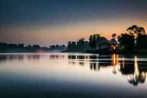 un' Casa su il acqua a tramonto. ai-generato foto