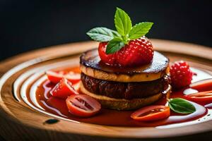 un' piatto con un' fragola e un' fetta di carne. ai-generato foto