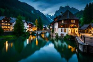 un' fiume e case nel il montagne a notte. ai-generato foto