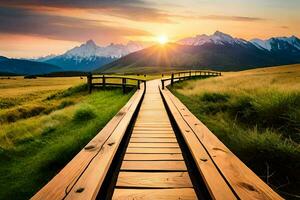 un' di legno passerella conduce per il montagne a tramonto. ai-generato foto