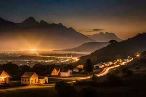 un' villaggio illuminato su a notte con montagne nel il sfondo. ai-generato foto