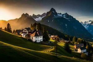 il sole sorge al di sopra di il montagne nel il sfondo. ai-generato foto