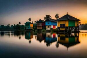 colorato case su il acqua a tramonto. ai-generato foto