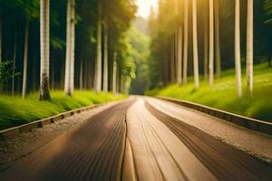 un' lungo strada nel il mezzo di un' foresta. ai-generato foto