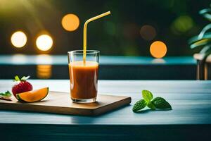 un' bicchiere di arancia succo con un' cannuccia su un' di legno tavolo. ai-generato foto