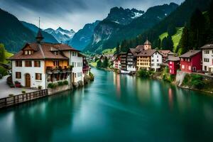 foto sfondo il cielo, montagne, acqua, case, Svizzera, alpino, Svizzera. ai-generato