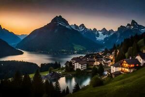 un' bellissimo tramonto al di sopra di un' lago e montagne. ai-generato foto