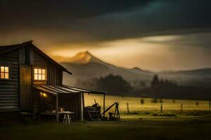 un' piccolo cabina nel il mezzo di un' campo. ai-generato foto