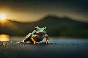 un' rana seduta su il terra nel davanti di il sole. ai-generato foto