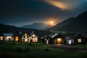 foto sfondo il cielo, montagne, il Luna, il sole, il montagne, il villaggio,. ai-generato