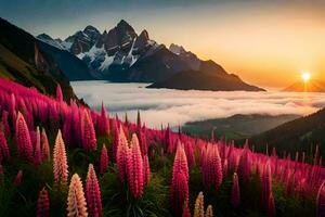 il sole sorge al di sopra di il montagne e il lupino fiori fioritura nel il primo piano. ai-generato foto