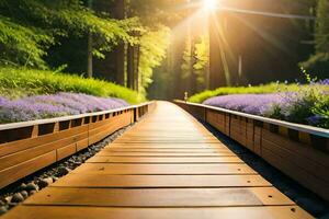 un' di legno sentiero conduce per un' sole splendente attraverso il alberi. ai-generato foto