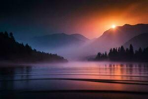 tramonto al di sopra di un' lago con alberi e montagne. ai-generato foto